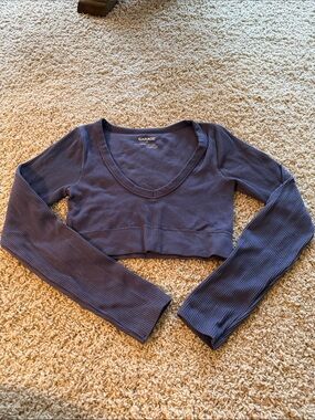 Garage Navy Ribbed V-Neck Long Sleeve Crop Top
